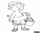 Caillou na praia com um chapéu, uma bóia, um balde e uma pá para brincar com areia