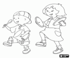 Caillou e sua amiga Sara jogando em fazer música com panelas