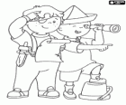 Caillou e Leo jogando a os piratas e procurando o tesouro com o mapa