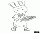 Caillou ajudando na cozinha com seu chapéu de chef e preparando biscoitos