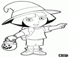 Dora a aventureira a noite de Halloween com uma abóbora e um chapéu de bruxa