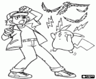 Ash e seu Pokemon Pikachu atirando choques elétricos