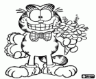 Garfield elegante com os presentes do Dia dos Namorados, um buquê de flores e um grande coração