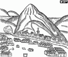 Antiga cidade americana no sopé de uma montanha e um rio em um desenho antigo ou da época