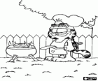 Garfield preparando um churrasco no jardim