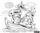 Garfield e seus amigos Pooky e Odie vestidos como piratas em um pequeno barco