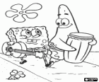 Os Amigos Bob Esponja e Patrick com seus instrumentos musicais: uma guitarra e um bumbo