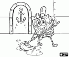 Bob Esponja esfregando o chão