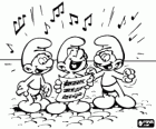 Três Smurfs cantando felizes. Os estrumpfes ou os Smurfs