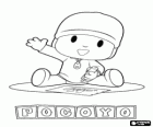 Pocoyo sentado no chão e fazendo um desenho em uma folha de papel