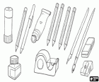 Utensílios escolares, materiais escolares: cola, lápis, caneta, pincel, tira-linhas e tinta, borracha, apontador de lápis, fita adesiva
