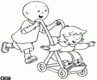 Caillou dando um passeio com a irmã no carrinho