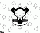 Pucca com os pauzinhos sobre um fundo floral