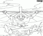 Aang voando sobre as montanhas com a ajuda de uma espécie de asa delta