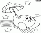 Kirby com um guarda-chuva voando entre as estrelas eo arco-íris