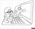 Puzzle de Os Smurfs, filme. Quebra-cabeças de Papai Smurf e Gênio estão descobrindo um laptop