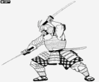 Guerreiro Samurai com a armadura, o capacete kabuto  e armado com duas catanas
