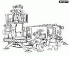 Os bombeiros de Pontypandy em ação com o carro de bombeiros