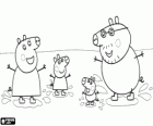 A família Porco brincando com as poças. A Porquinha Peppa, Peppa Pig