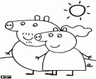 Os pais de Peppa Pig caminhando sob o sol. A Porquinha Peppa