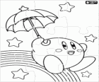 Puzzle de Kirby com um guarda-chuva voando entre as estrelas eo arco-íris