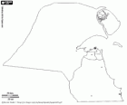 Mapa do estado do Kuwait. Capital: Kuwait. Pequeno emirado do Oriente Próximo com costas no Golfo Pérsico