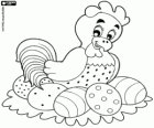 Galinha sentada sobre os ovos de Páscoa