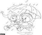 Noddy e sua amiga a ursinha Tessie com um guarda-chuva sob a chuva