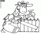 Uma girafa carpinteiro com martelo e pregos