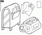 Dia Mundial do Correio, 9 de outubro. Uma caixa de correio, a bolsa de carteiro, a correspondência, um selo