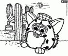 Um Furby e um cacto no deserto com as montanhas ao fundo