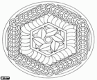 Mandala circular com hexágonos formado por anéis e folhas