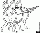 Três soldados gregos com o capacete, o escudo e a lança. Hoplites, os cidadãos-soldados das cidades-estado da Grécia Antiga