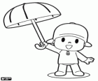 A fofinha criança Pocoyo com um guarda-chuva aberto