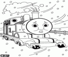 Thomas locomotiva a vapor sob uma forte queda de neve