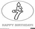 Sete anos. Parabéns! Sete velas no bolo de aniversário ou um número sete com uma vela