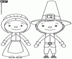 Uma família de Pilgrims, o marido e a esposa. A tradição do dia de Ação de Graças