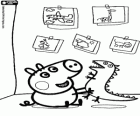O irmãozinho de Peppa, George com seu dinossauro de brinquedo no quarto