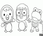 Pororo o pequeno pingüim entre dois dos seus amigos, Petty e Crong