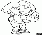 Dora a exploradora com um pintinho que acaba de sair do ovo nas mãos dela