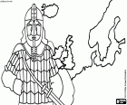 Um guerreiro viquingue e um mapa dos territórios do povo viking