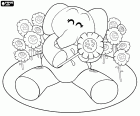 A amiga do Pocoyo, a elefante Elly sentada no chão entre as flores