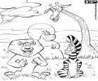 Os quatro animais protagonistas de Madagascar 2: A Grande Escapada. Alex o leão, Marty a Zebra, Melman a girafa, Gloria o hipopótamo na savana africana
