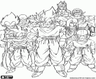 Um grupo de personagens de Dragon Ball, incluindo Son Goku, Son Gohan, Kuririn e Vegeta