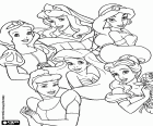 Grupo de seis princesas do mundo mágico: Branca de neve, Princesa Aurora ou a Bela adormecida, a princesa Jasmine, Cinderela, a pequena sereia Ariel e a Princesa Belle