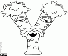 A letra Y e é um monstro velho e cansado, visto de frente. O Y é um monstro com um bigode e olhos sonolentos