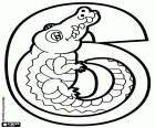 O número seis, representado por um crocodilo com sua cauda tocando sua barriga