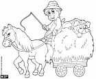 Um carrinho ou carroça carregado com feno com o agricultor, o cavalo e um cachorro