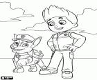 O líder da patrulha de cães Ryder com Chase o cão da polícia. Ryder e Chase, dois personagens de Paw Patrol, Patrulha Canina, Patrulha Pata