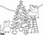 A família da Peppa Pig está a preparar as festividades de Natal. Peppa Pig e sua família com a árvore de Natal decorada